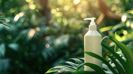 Lotion pump bottle amidst lush green foliage with sunbeams filtering through