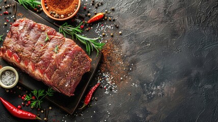 Raw beef rib with herbs and spices on dark textured surface
