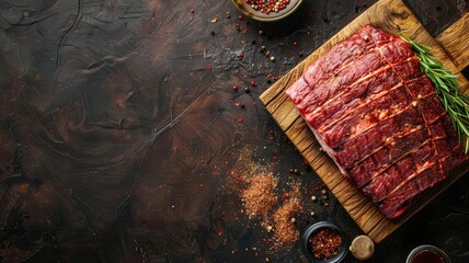 Sliced raw steak on wooden board with herbs and spices