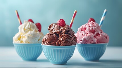 Trio of tasty chocolate vanilla and strawberry flavored frozen dessert in a blue bowl with two...