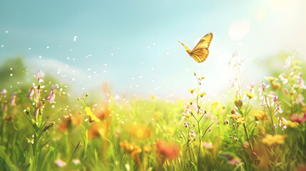 Fototapeta premium A butterfly is flying in a field of flowers. The field is full of yellow flowers and the sky is blue