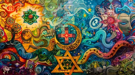 Fototapeta na wymiar a visually stunning mural celebrating religious diversity, with intricate details and vibrant hues bringing to life symbols such as the cross, crescent, Om, and Star of David