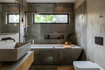 Contemporary modern bathroom interior in grey colors, concrete and marble elements.