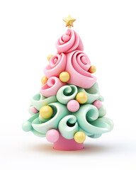 3D Christmas tree, children's cartoon style, soft pastel colors, on a white background сreated with Generative Ai
