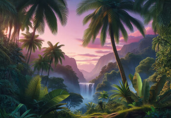 Cascade waterfall in lush jungle landscape, beautiful purple sunset. Palms, tropical leaves, flowing stream in sunset colors. Background illustration