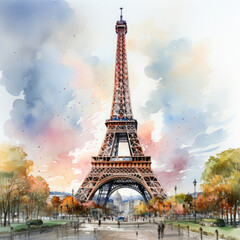 Watercolor Eiffel tower, clipart Illustration, Generative Ai - obrazy, fototapety, plakaty