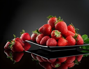 Red strawberries in a black square plate. Fruits and summer berries illustration