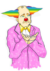 sad clown with colorful hair and pink suit