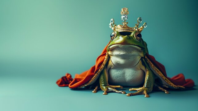 Prince charming. Mr. Frog wearing a golden crown and royal cloak. 