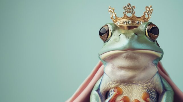 Prince charming. Mr. Frog wearing a golden crown and royal cloak. 