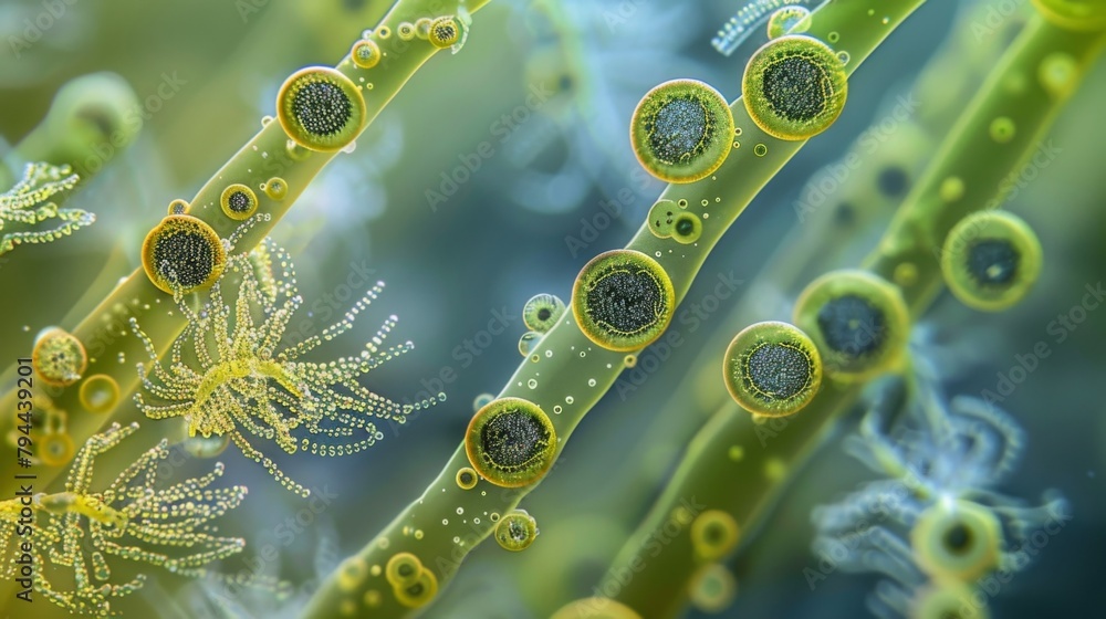 Poster a closeup view of a group of microscopic algae resembling towering trees teeming with tiny organisms