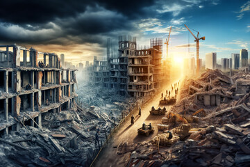 Concept on the theme of war and return to normal life. Photorealistic illustration depicting in detail and realistically the consequences of a great destructive war and the emergence of a new world in - obrazy, fototapety, plakaty
