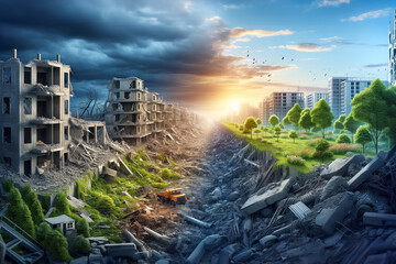 Concept on the theme of war and return to normal life. Photorealistic illustration depicting in detail and realistically the consequences of a great destructive war and the emergence of a new world in