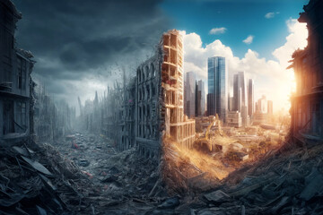Concept on the theme of war and return to normal life. Photorealistic illustration depicting in detail and realistically the consequences of a great destructive war and the emergence of a new world in