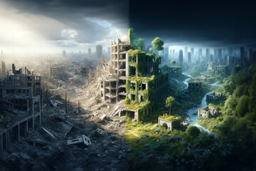 Concept on the theme of war and return to normal life. Photorealistic illustration depicting in detail and realistically the consequences of a great destructive war and the emergence of a new world in
