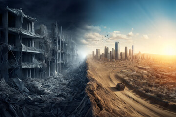 Concept on the theme of war and return to normal life. Photorealistic illustration depicting in detail and realistically the consequences of a great destructive war and the emergence of a new world in