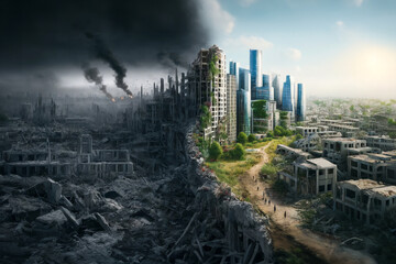 Concept on the theme of war and return to normal life. Photorealistic illustration depicting in detail and realistically the consequences of a great destructive war and the emergence of a new world in