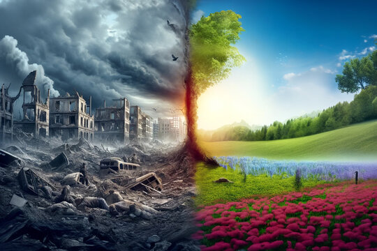 Concept on the theme of war and return to normal life. Photorealistic illustration depicting in detail and realistically the consequences of a great destructive war and the emergence of a new world in