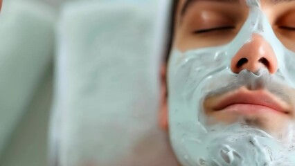 Close-up of a young man applying shaving cream, preparing for a personal grooming session in a bathroom, highlighting daily hygiene routines. Spa treatment for men's facial skin. Clay mask