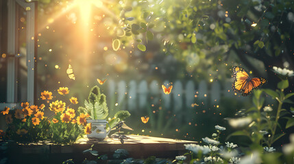 A beautiful garden with a white fence and a white vase with flowers. There are butterflies flying around the garden