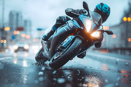 Motorcycle. Professional Motorbike Rider Riding,
Sports Motorcycle Racing Track on Highway Fast Motion Blur Background