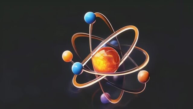 An artistic depiction of a model of an atom with spinning electrons shows a harmonious blend of science and art glowing against a dark background. Asronomy and scientific physics experiments