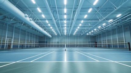 professional badminton court dominates the frame, with high ceilings and artificial lighting...