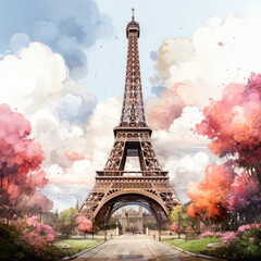 Fototapeta na wymiar Watercolor Eiffel tower, clipart Illustration, Generative Ai