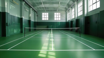 professional badminton court dominates the frame, with high ceilings and artificial lighting setting the stage for competitive play