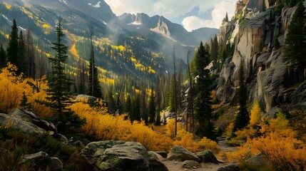 Beautiful scenery of high rocky mountains surrounded by green and yellow trees Related tags