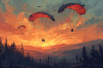 Parachuting. Action Sport. Paratroopers,
A solitary parachuter gracefully glides through the vibrant sky - obrazy, fototapety, plakaty