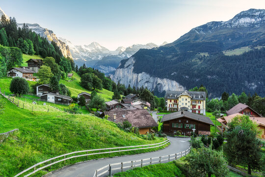 Scenery of Wengen mountain village with Lauterbrunnen valley and Jungfrau mountain in Bernese Oberland at Bern, Switzerland