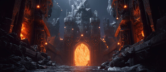 Mystical dungeon with a gate in the rock and burning torches. Night scene of a monochrome game