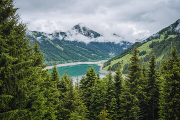 Schlegeis Stausee lake view from mountain hiking path trail. Zillertal, Austria, Europe