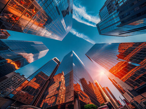 Vista de edificios durante el atardecer, rascacielos con reflejos en ventanas