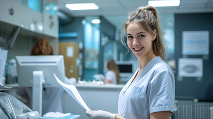 Young female receptionist handing paper to client in dental office