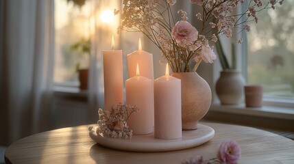 four pink candles and a vase with flowers on the table near the window. - Powered by Adobe