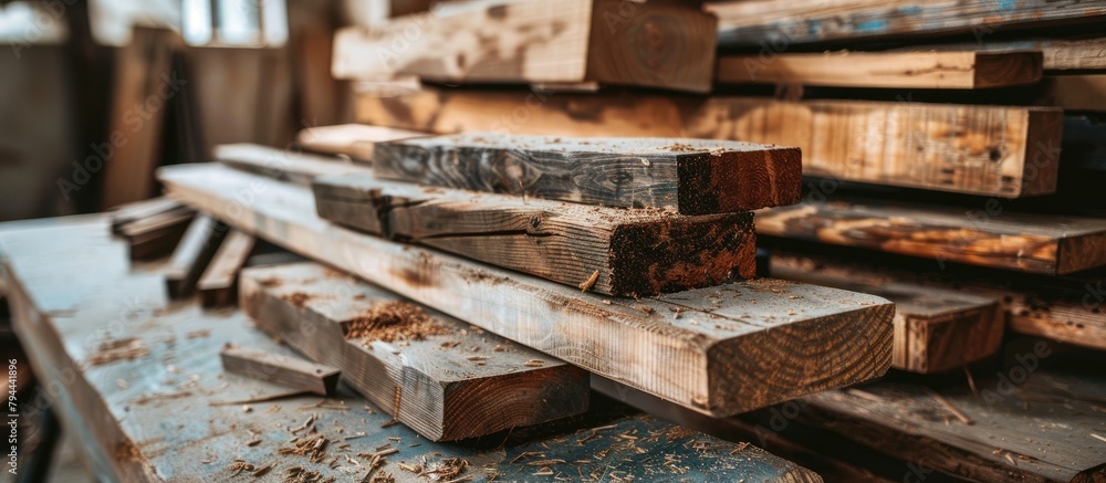 Poster stack of wooden planks on table building material for construction event