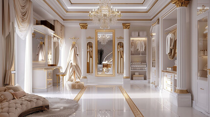Closet branco e dourado com lindos sapatos realistas - obrazy, fototapety, plakaty