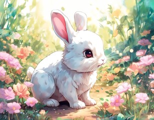 Ilustracja białego królika na tle trawy i kwiatów