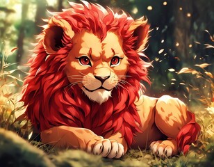 Ilustracja lwa w pieknej czerwonej grzywie