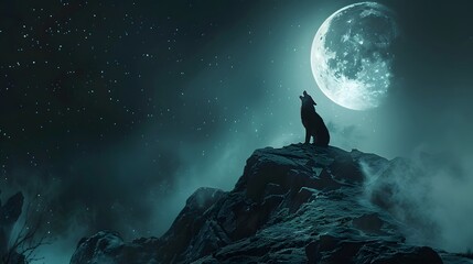 Cinematic of wolf Howling with a crescent moon scene hd wallpaper