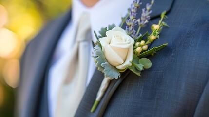 A close-up shot of a boutonniere pinned to a groom's lapel, featuring a single white rosebud accented with sprigs of lavender.   - obrazy, fototapety, plakaty