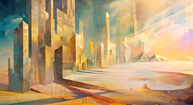 Abstract painting of a futuristic cityscape rising from the desert sands, blending modern architecture with ancient ruins in a post-apocalyptic. 