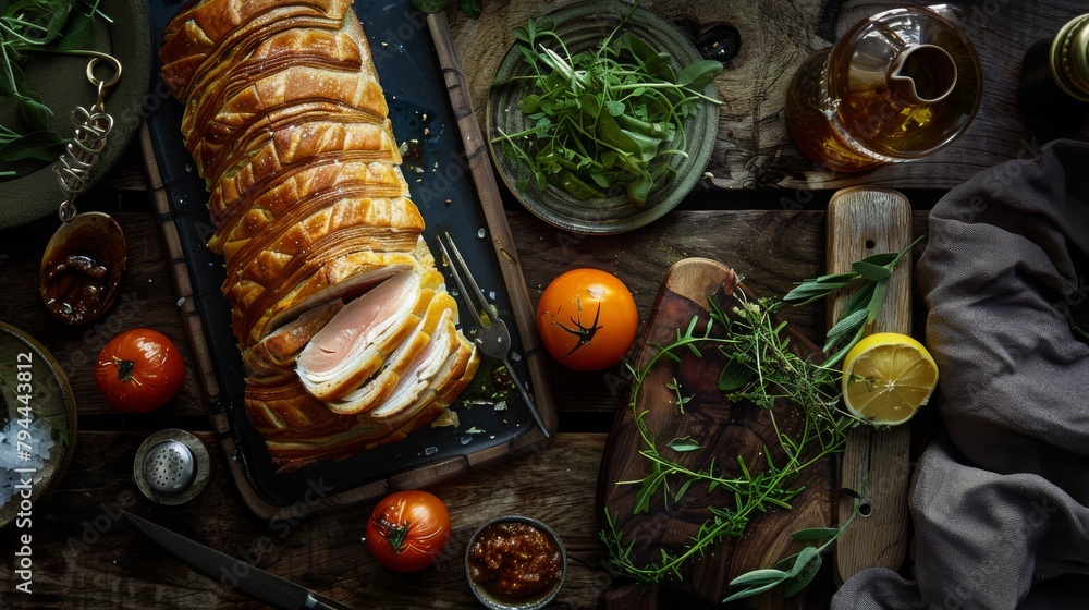 Wall mural traditional pate en croute, made from varios wild kingfish parts, beer mustard and verjuice jelly, 16:9