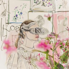 A woman wearing a virtual reality headset is standing in a room. The room is decorated with paintings of flowers. The woman is looking at a pink flower.