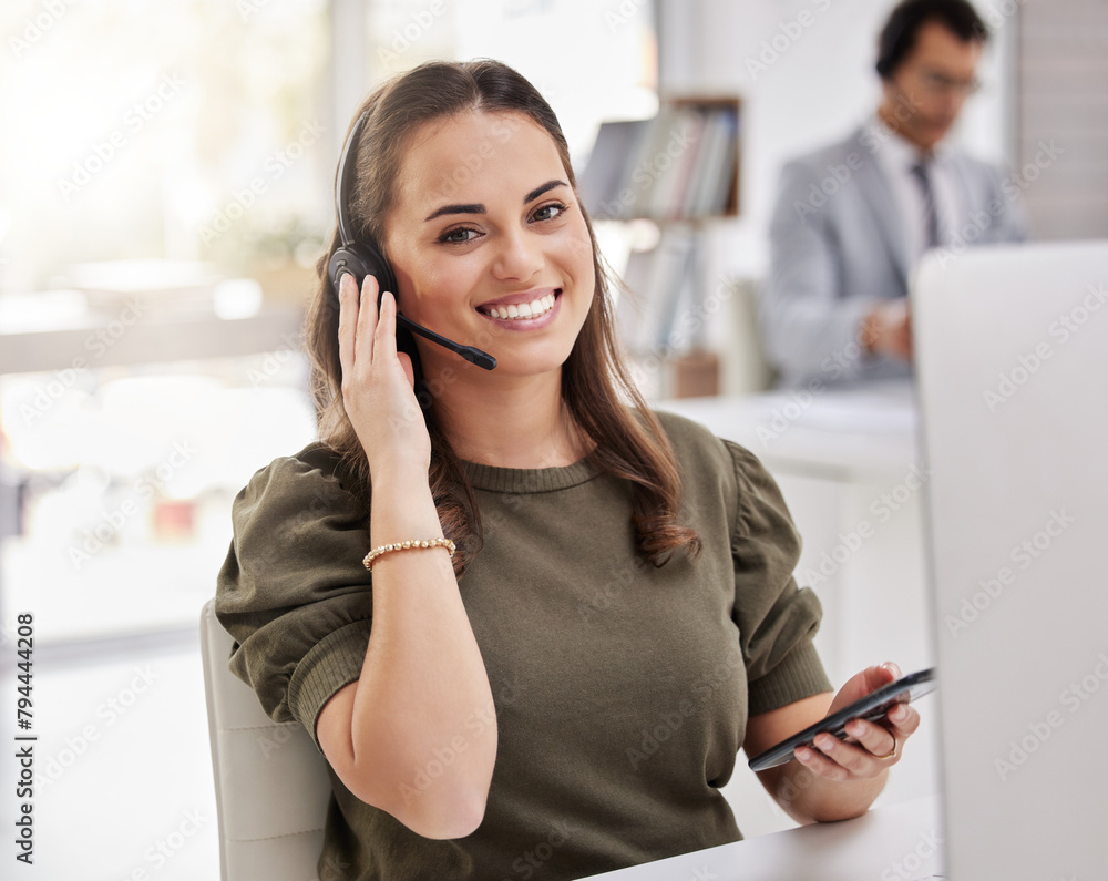 Aufkleber woman, typing and online with smartphone in call center for technical support and agent relax at des