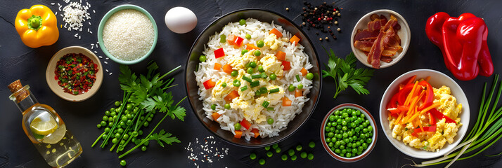 Intricate Presentation of Ingredients for a Vibrant Asian Rice Dish Recipe