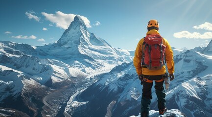 a male mountain climber in a yellow jacket with black pants, an orange helmet, and a backpack stands on a snowy mountain peak overlooking a wide valley below.