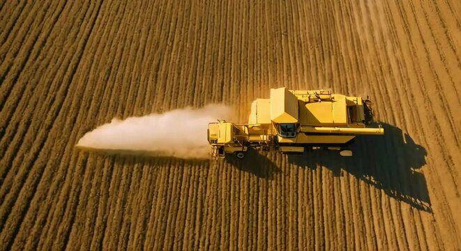 Aerial View of Eco-Friendly Agriculture: Combine Harvester Harvesting Soybeans from Above